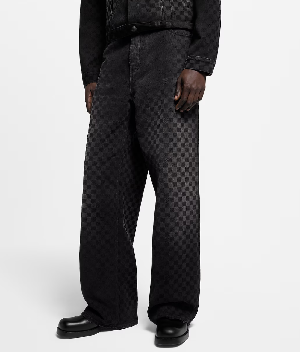 LOUI*V Flocked Damier Denim Wide-Leg Pants