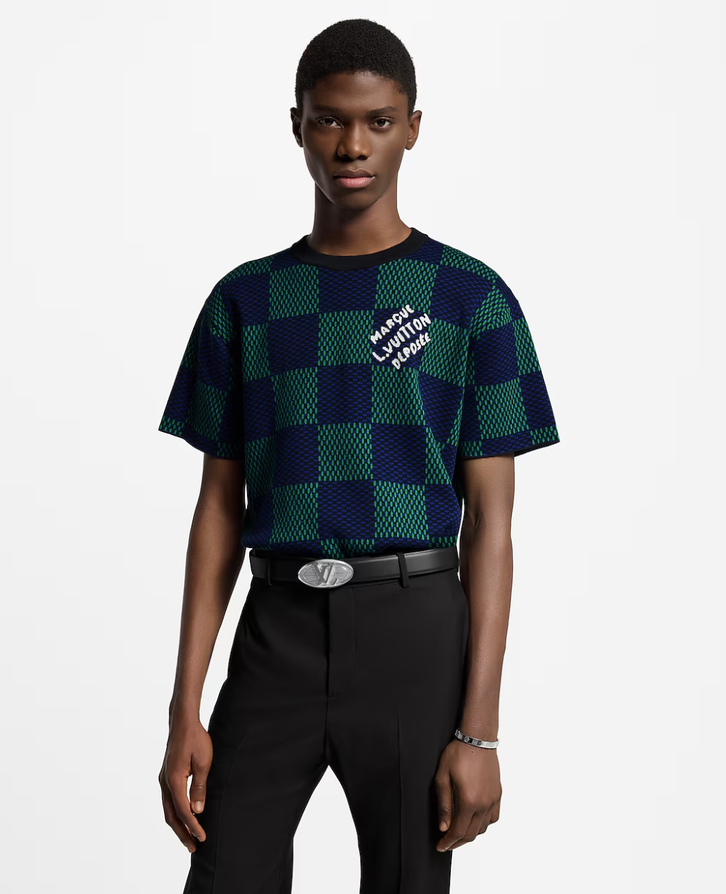 LOUI*V Jacquard Damier Short-Sleeved Cotton Crewneck
