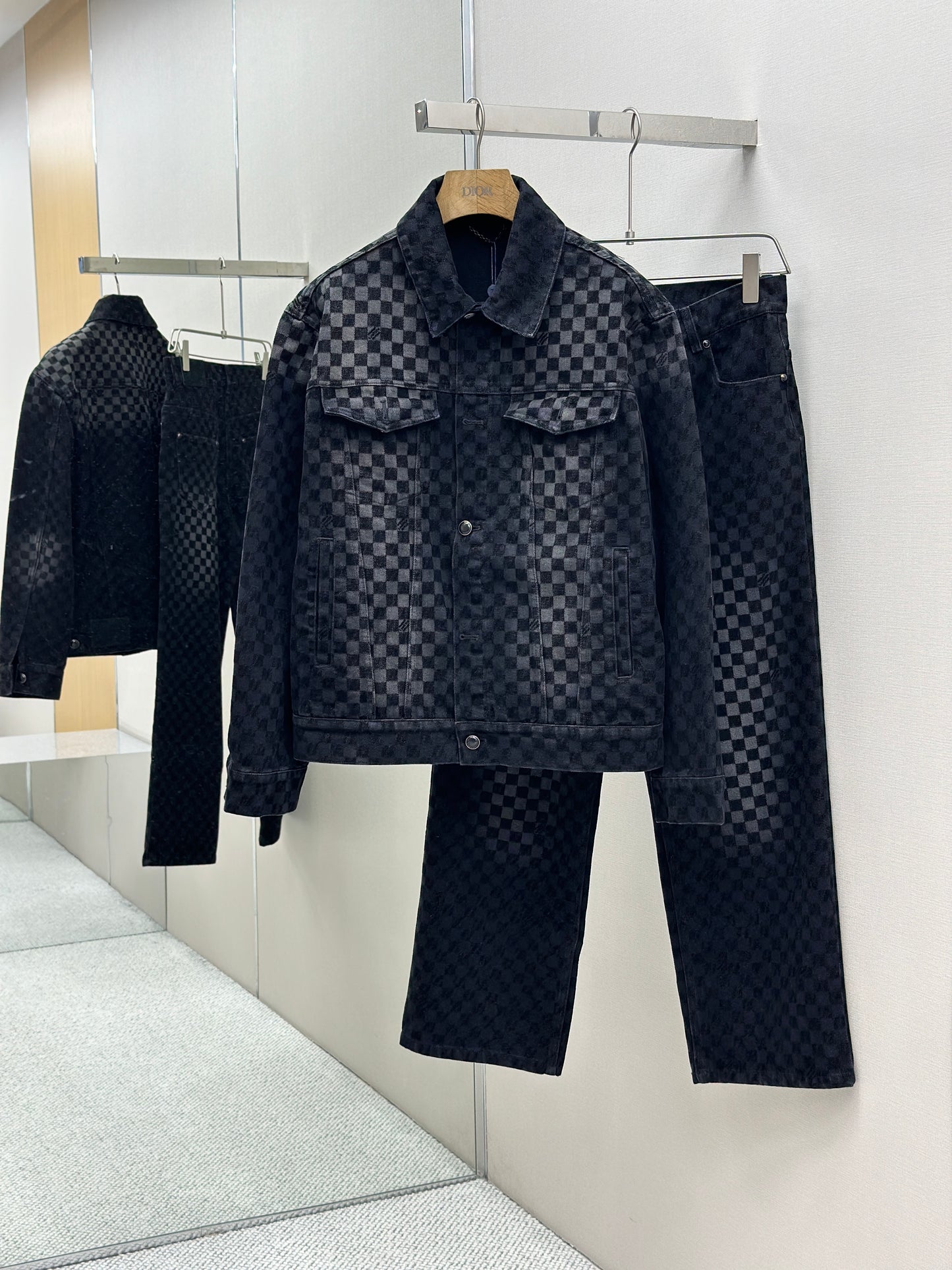 LOUI*V Flocked Damier Denim Trucker Jacket