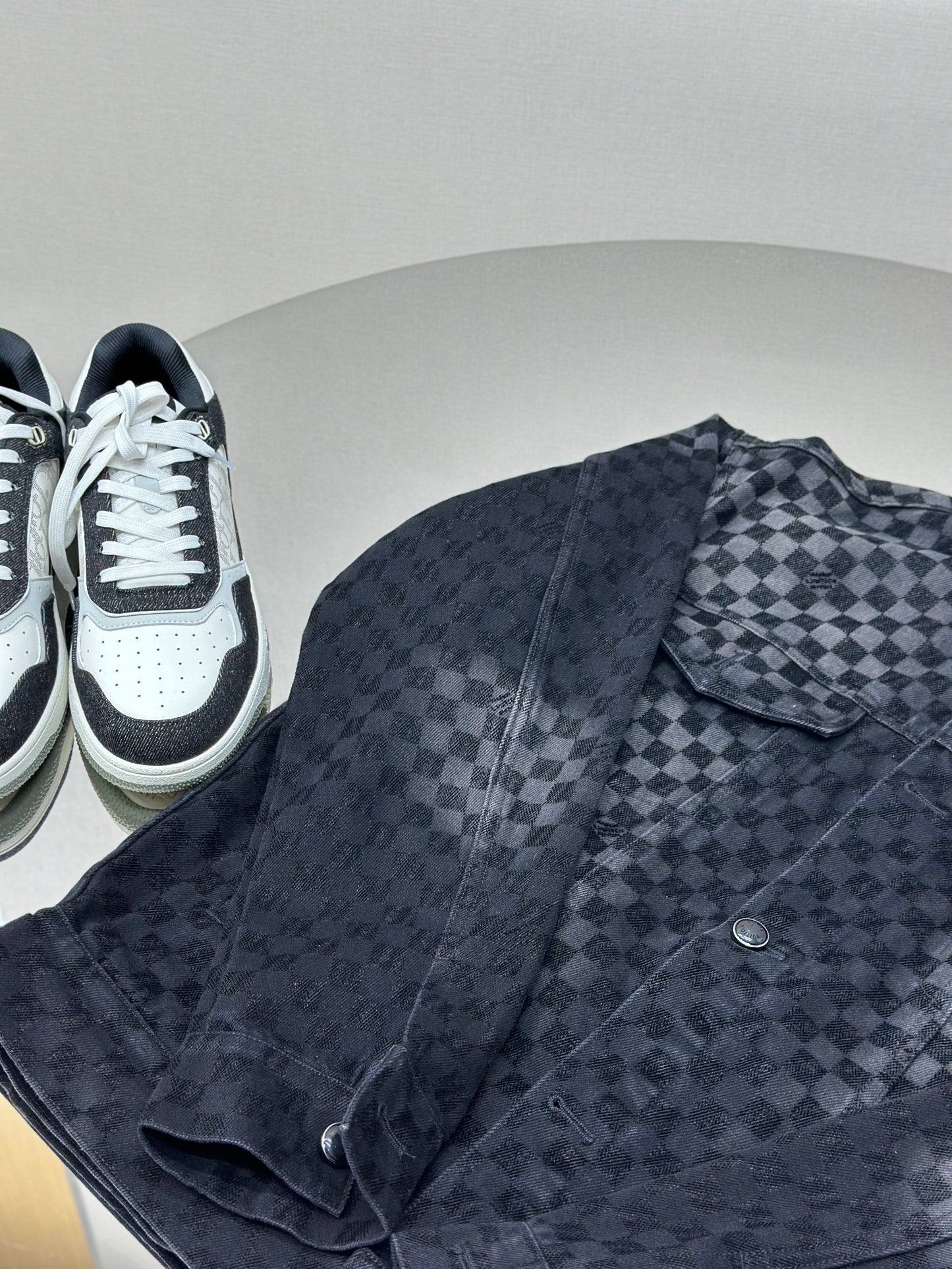 LOUI*V Flocked Damier Denim Trucker Jacket