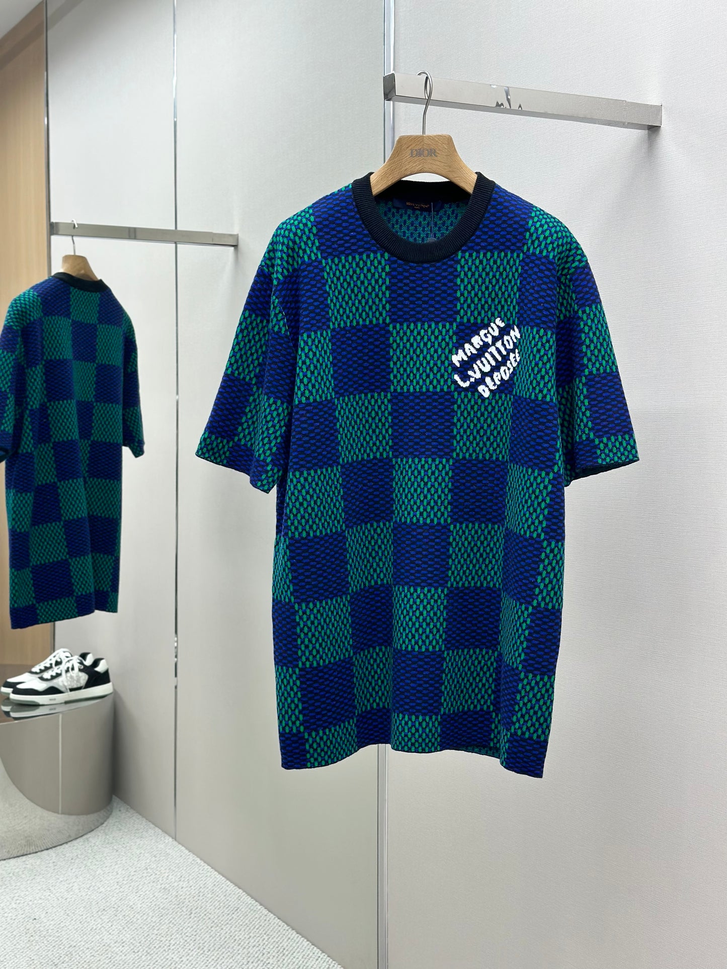 LOUI*V Jacquard Damier Short-Sleeved Cotton Crewneck