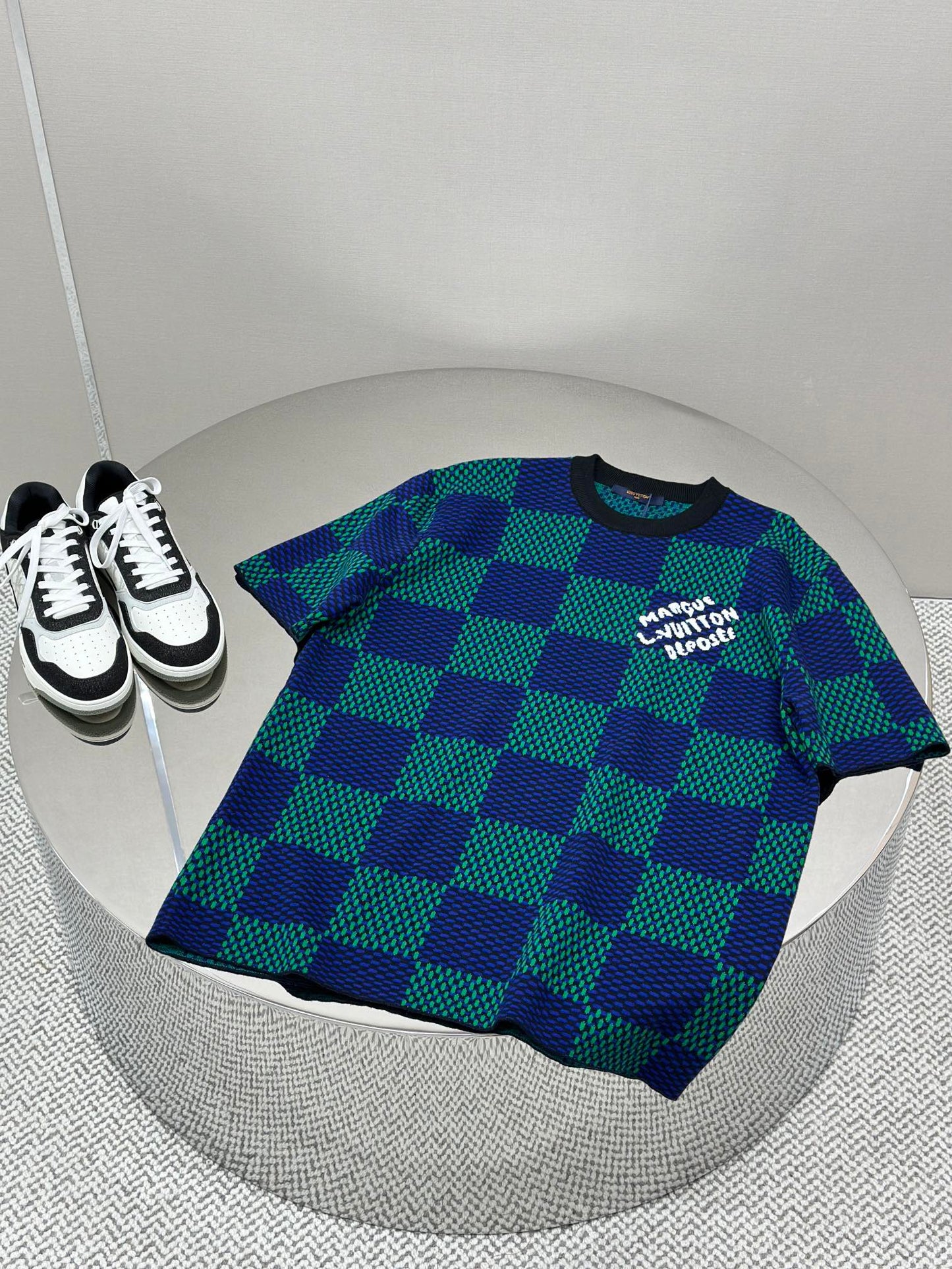 LOUI*V Jacquard Damier Short-Sleeved Cotton Crewneck