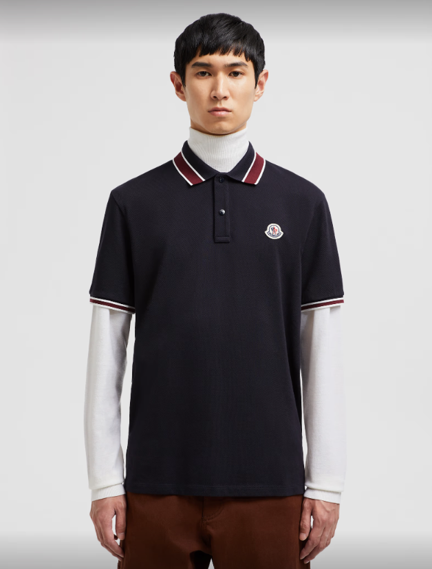 MONCL*  Striped Collar Cotton Piquet Polo Shirt