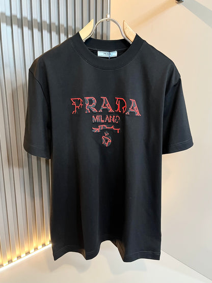 PRA* 2025ss new cotton t-shirt embroidery letters