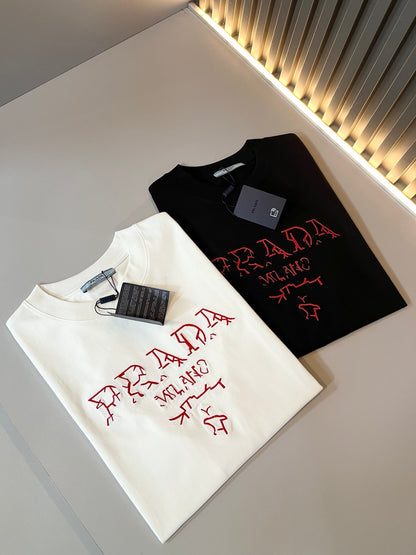 PRA* 2025ss new cotton t-shirt embroidery letters