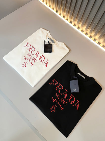 PRA* 2025ss new cotton t-shirt embroidery letters