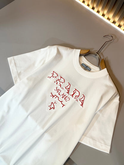 PRA* 2025ss new cotton t-shirt embroidery letters