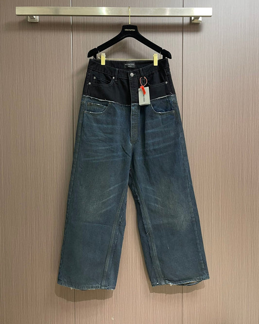 BALENC* Cut-Up Baggy Pants in black denim