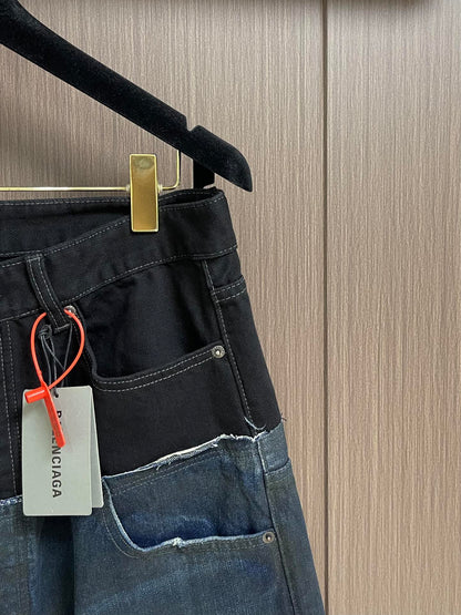BALENC* Cut-Up Baggy Pants in black denim