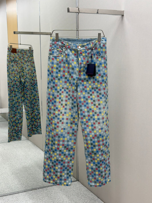LOUI*V Damier Denim Wide-Leg Pants