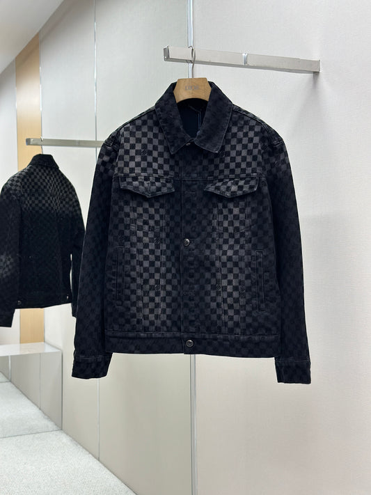 LOUI*V Flocked Damier Denim Trucker Jacket