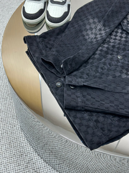 LOUI*V Flocked Damier Denim Trucker Jacket