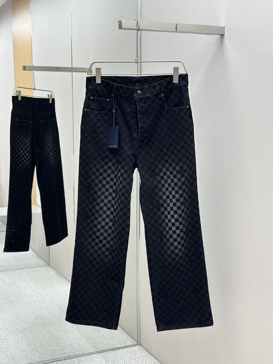 LOUI*V Flocked Damier Denim Wide-Leg Pants