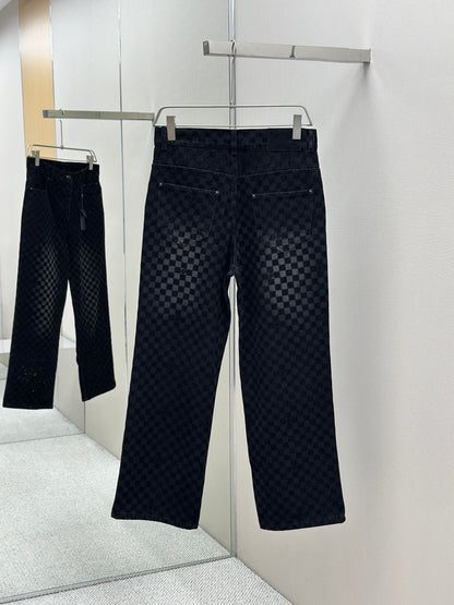 LOUI*V Flocked Damier Denim Wide-Leg Pants