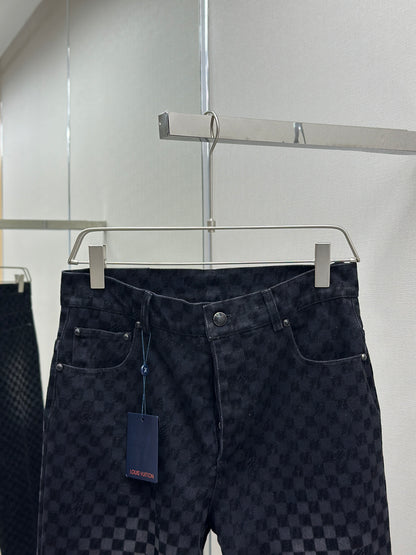 LOUI*V Flocked Damier Denim Wide-Leg Pants