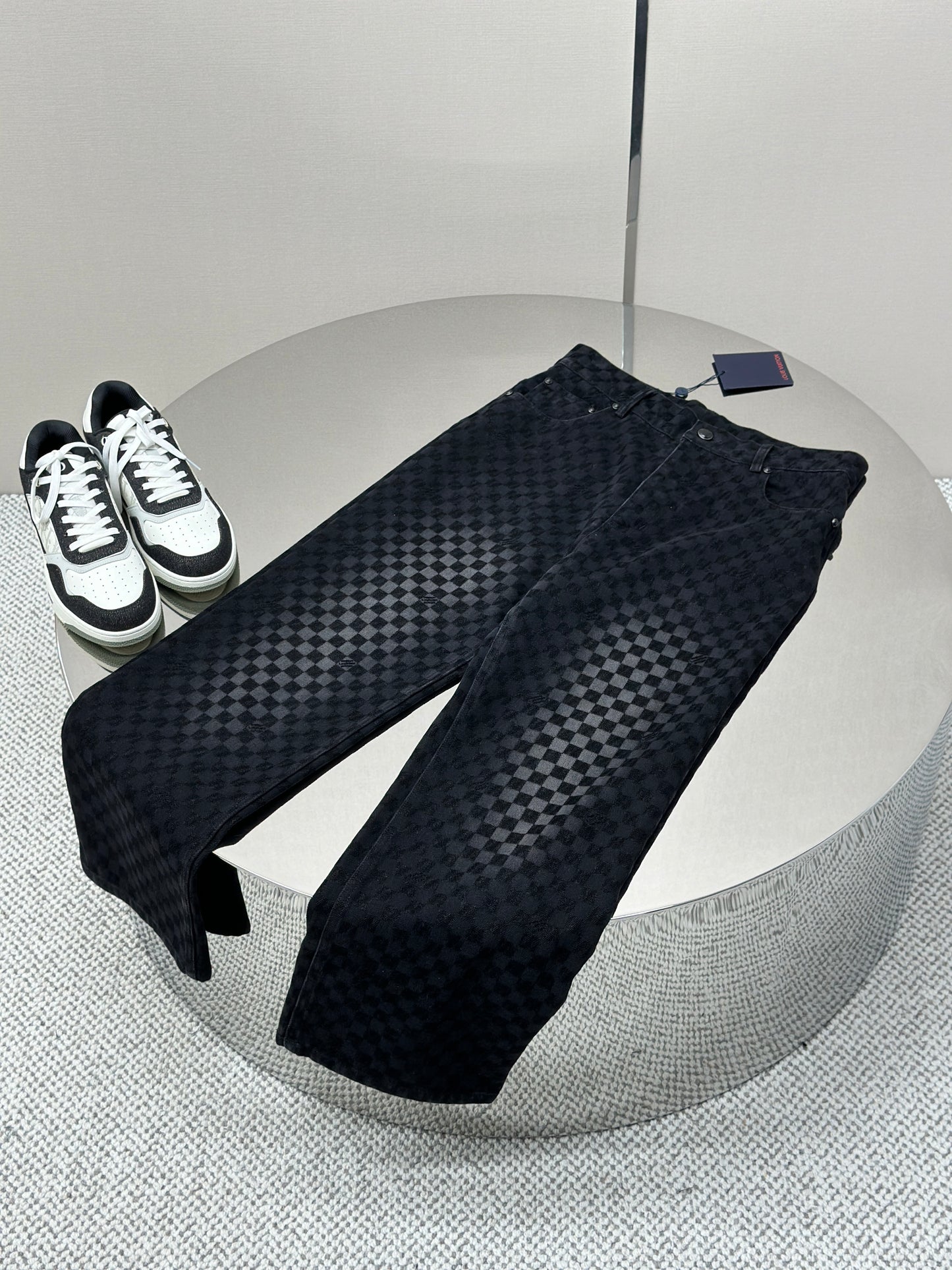 LOUI*V Flocked Damier Denim Wide-Leg Pants