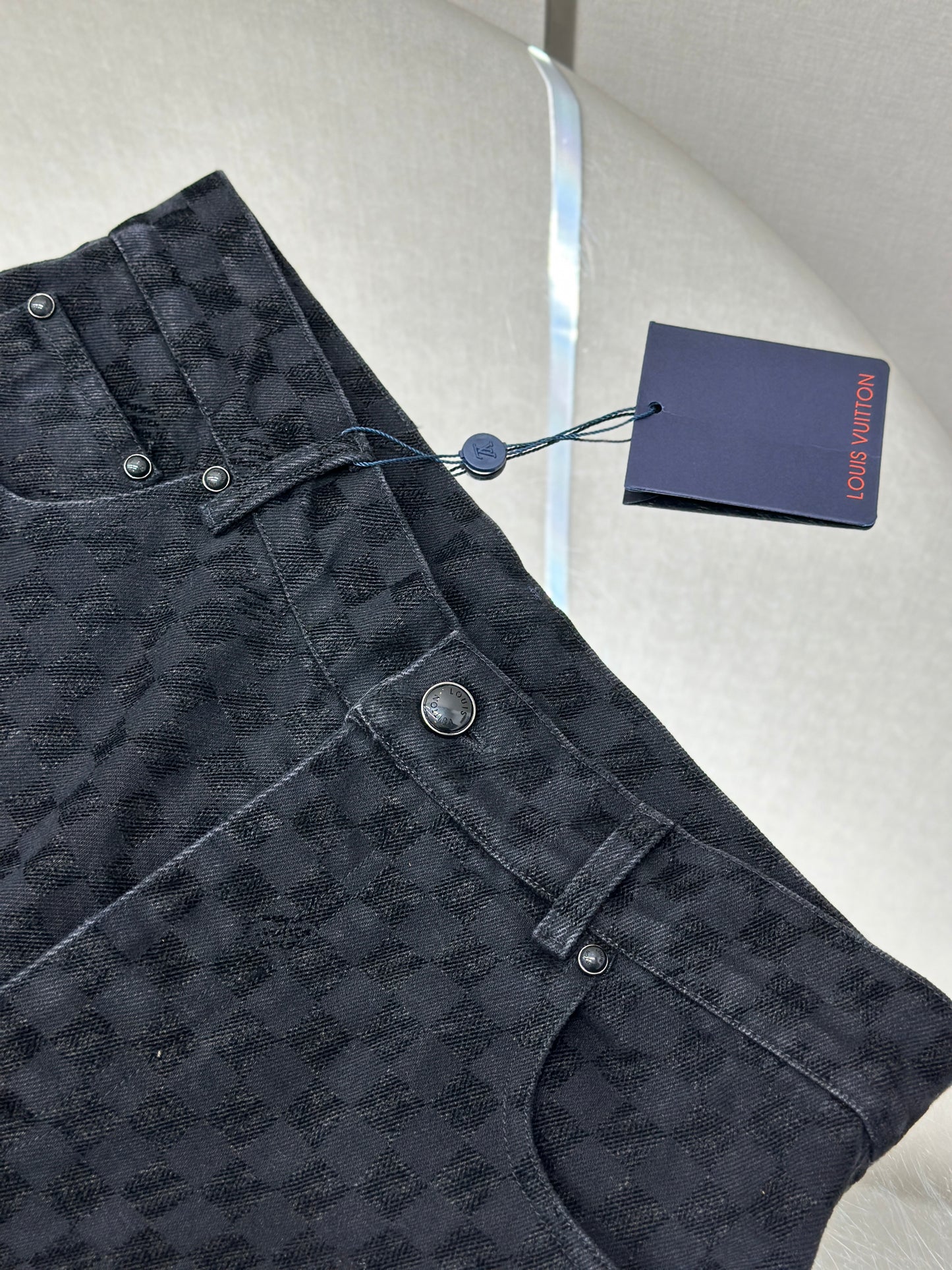 LOUI*V Flocked Damier Denim Wide-Leg Pants