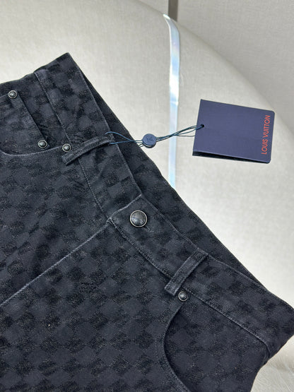 LOUI*V Flocked Damier Denim Wide-Leg Pants