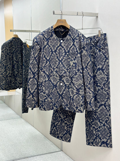 LOUI*V Graphic Collarless Denim Jacket