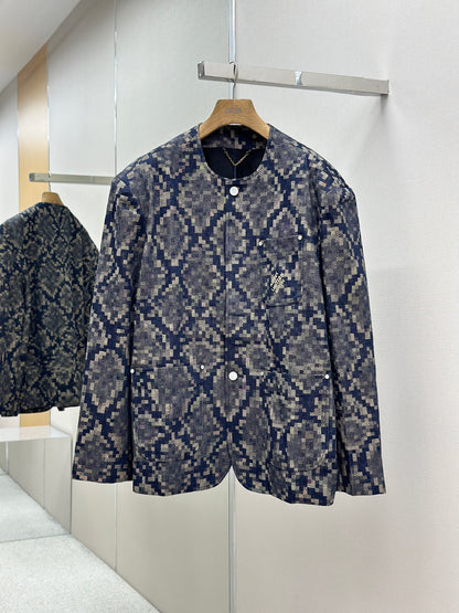 LOUI*V Graphic Collarless Denim Jacket