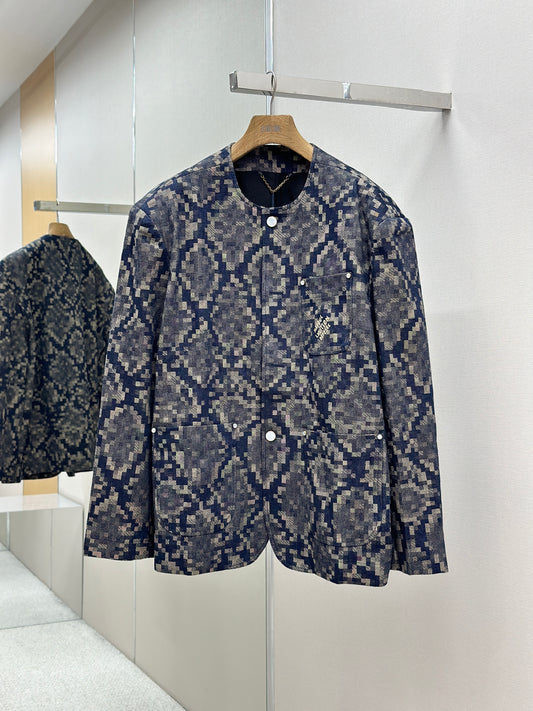 LOUI*V Graphic Collarless Denim Jacket