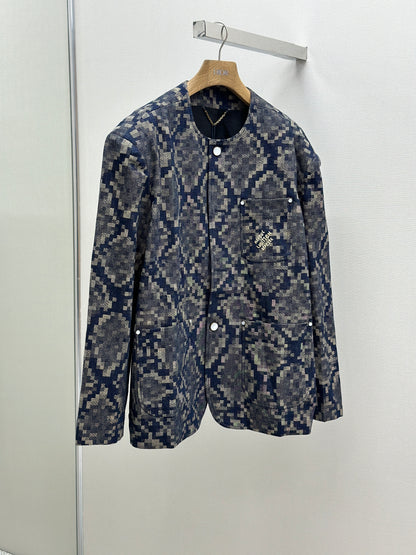 LOUI*V Graphic Collarless Denim Jacket