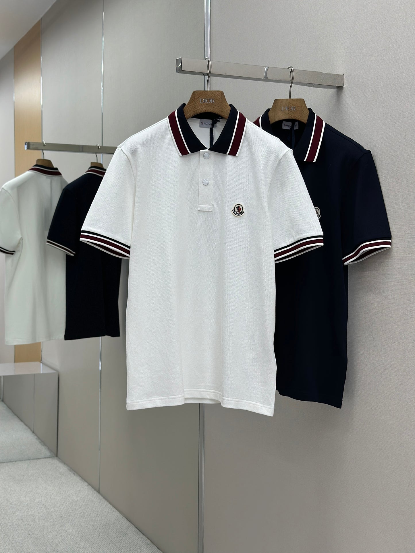 MONCL*  Striped Collar Cotton Piquet Polo Shirt