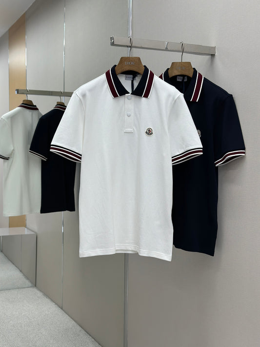 MONCL*  Striped Collar Cotton Piquet Polo Shirt
