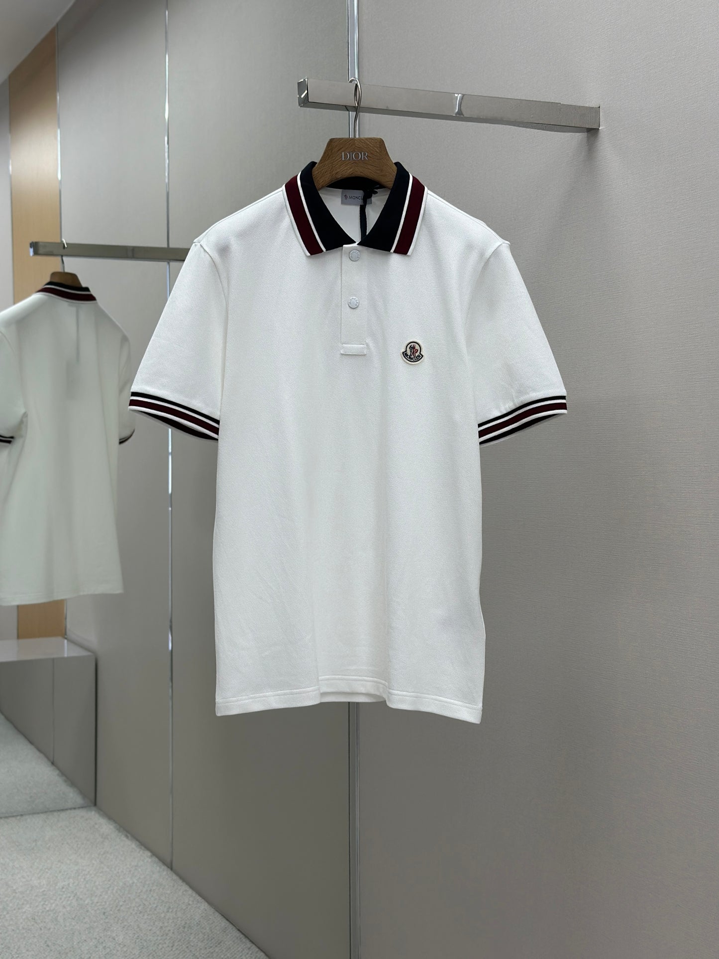 MONCL*  Striped Collar Cotton Piquet Polo Shirt
