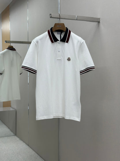 MONCL*  Striped Collar Cotton Piquet Polo Shirt