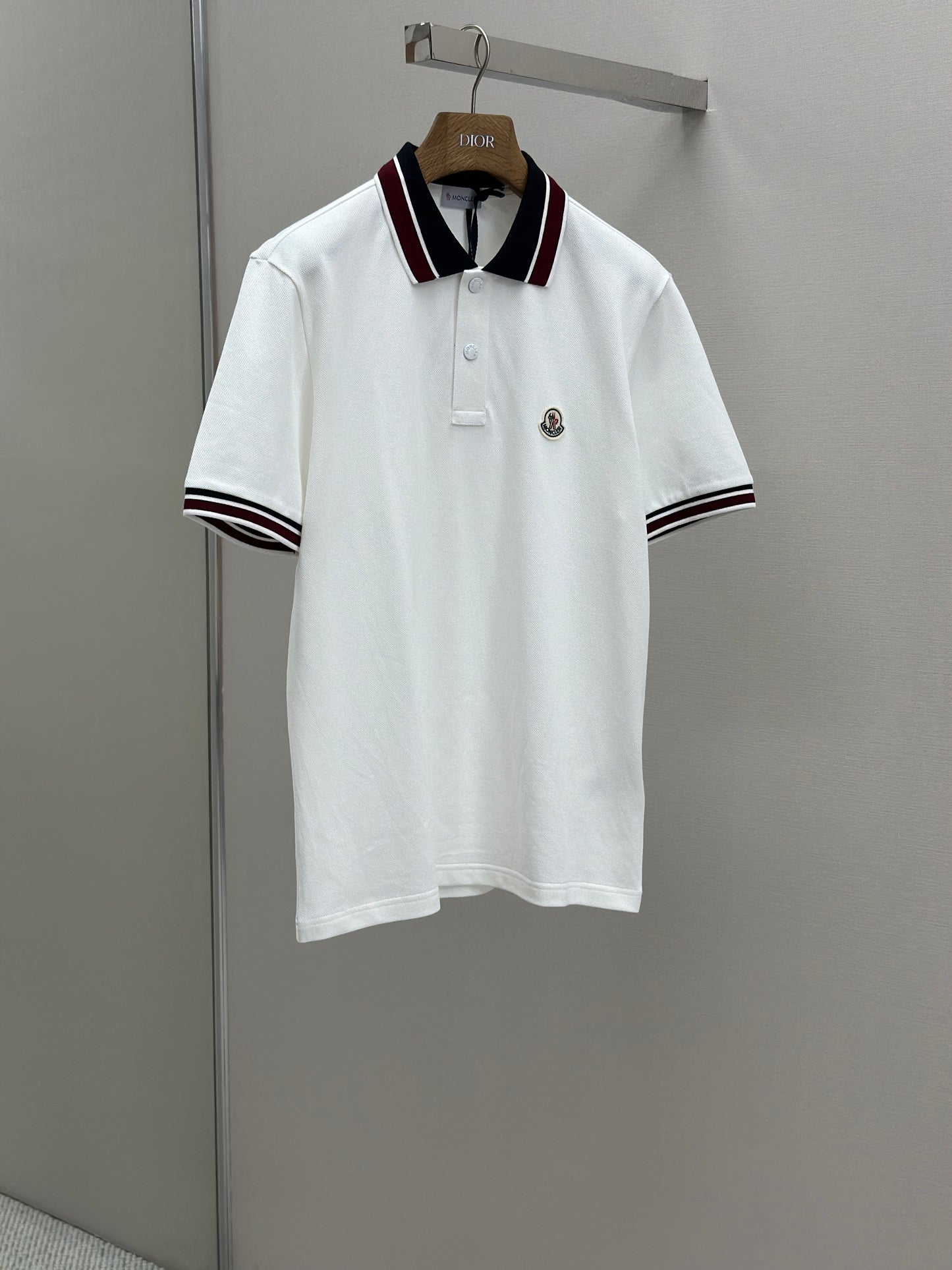 MONCL*  Striped Collar Cotton Piquet Polo Shirt