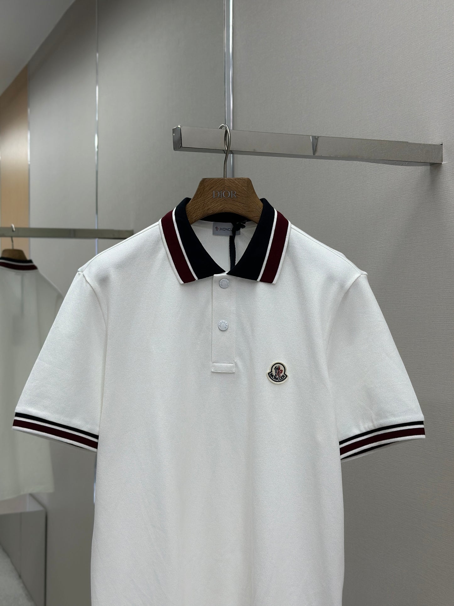 MONCL*  Striped Collar Cotton Piquet Polo Shirt