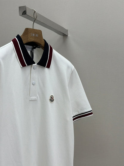 MONCL*  Striped Collar Cotton Piquet Polo Shirt