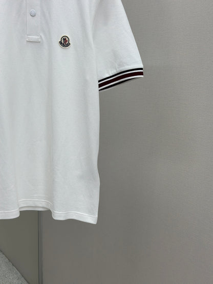 MONCL*  Striped Collar Cotton Piquet Polo Shirt