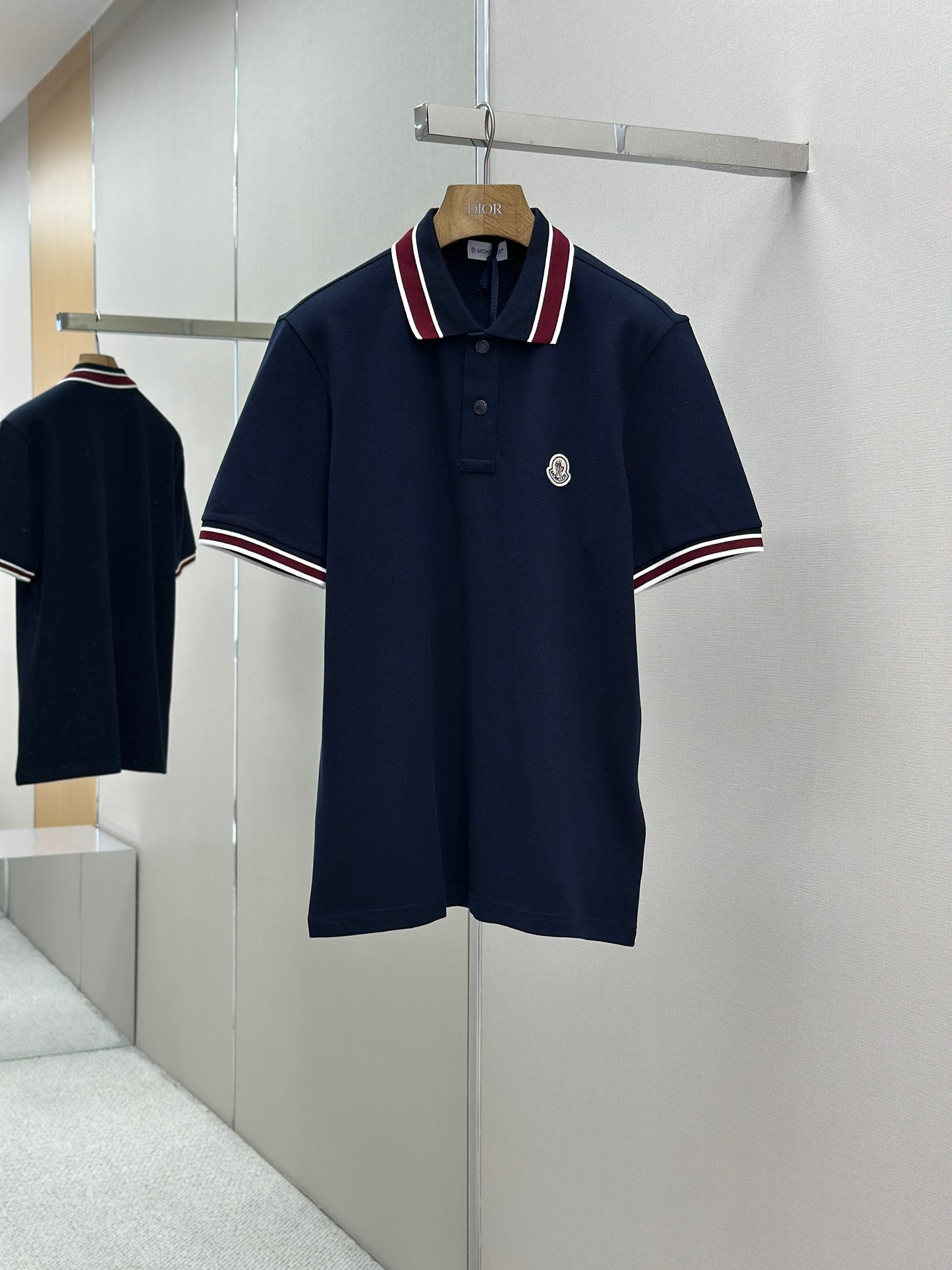 MONCL*  Striped Collar Cotton Piquet Polo Shirt
