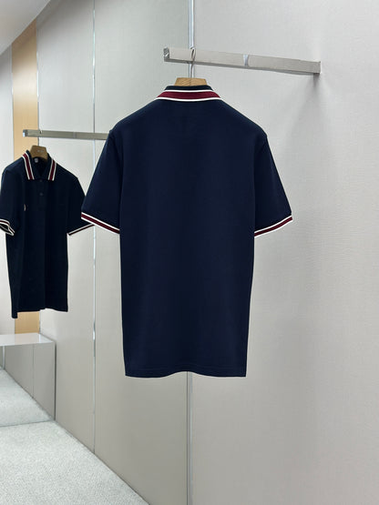 MONCL*  Striped Collar Cotton Piquet Polo Shirt