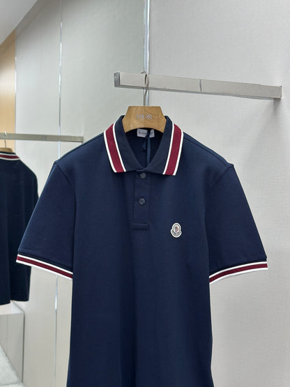 MONCL*  Striped Collar Cotton Piquet Polo Shirt