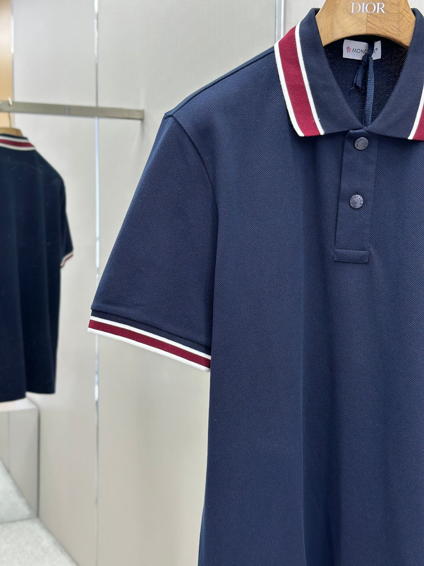 MONCL*  Striped Collar Cotton Piquet Polo Shirt