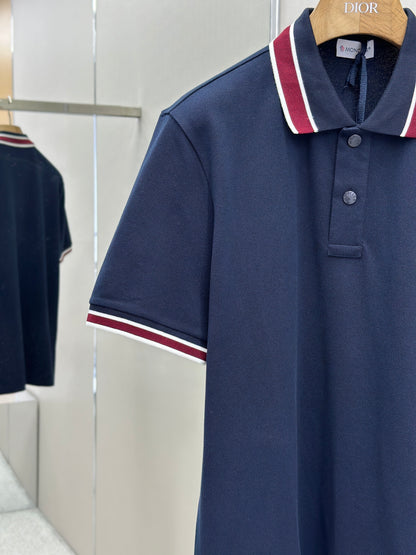MONCL*  Striped Collar Cotton Piquet Polo Shirt