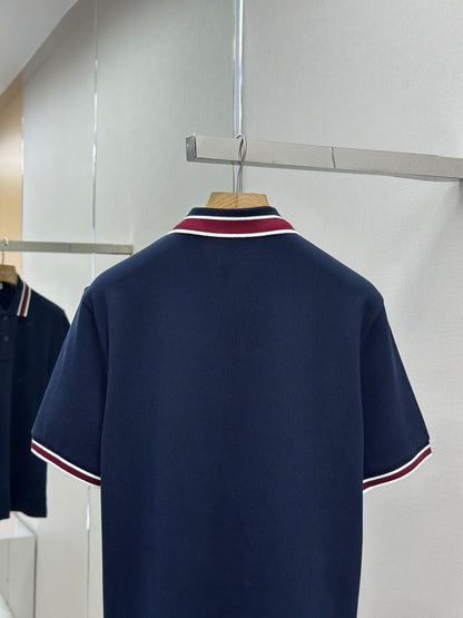 MONCL*  Striped Collar Cotton Piquet Polo Shirt