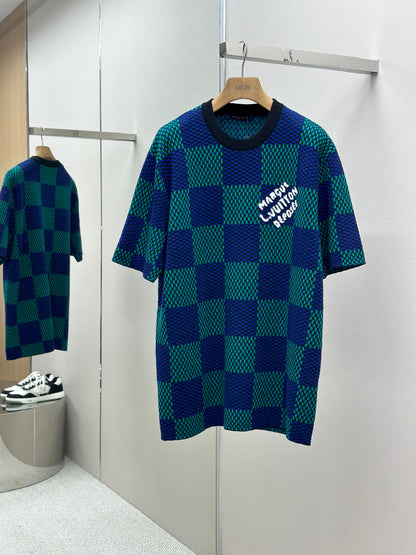 LOUI*V Jacquard Damier Short-Sleeved Cotton Crewneck