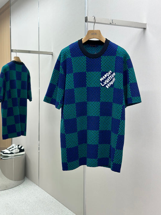 LOUI*V Jacquard Damier Short-Sleeved Cotton Crewneck