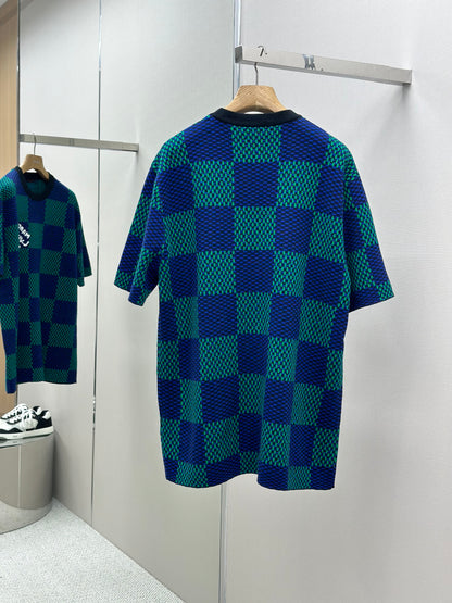 LOUI*V Jacquard Damier Short-Sleeved Cotton Crewneck