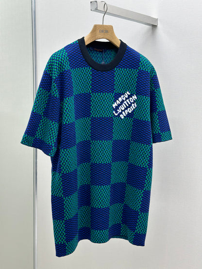 LOUI*V Jacquard Damier Short-Sleeved Cotton Crewneck
