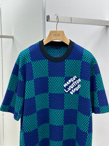 LOUI*V Jacquard Damier Short-Sleeved Cotton Crewneck
