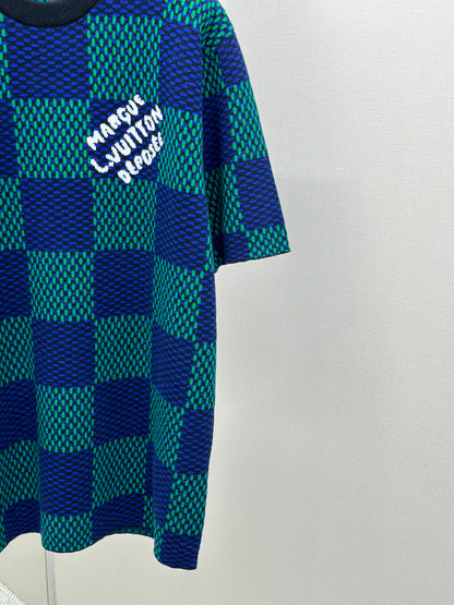 LOUI*V Jacquard Damier Short-Sleeved Cotton Crewneck